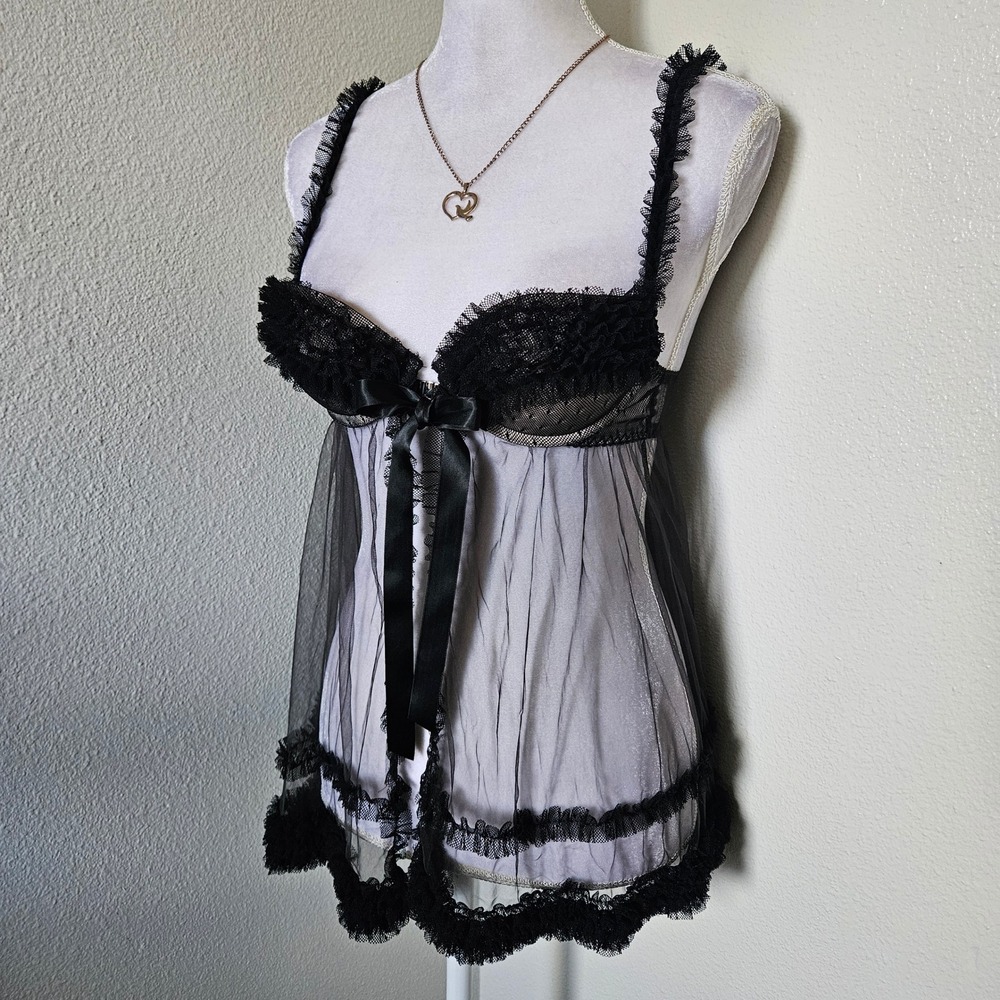 Victoria's Secret Black Sheer Mesh Ruffle Lace Babydoll Top
